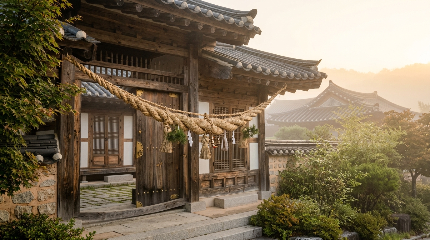Traditional Geumjul hanging at a Korean gate